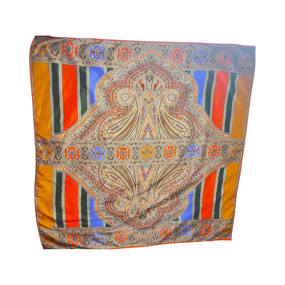 Vintage 70s Bohemian Psychedelic Paisley Square Scarf Japan Orange Blue RN 62944